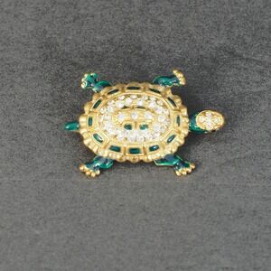 Roman Brooch Pin Turtle Figural Green Enamel Clear Rhinestone Gold Tone Vintage